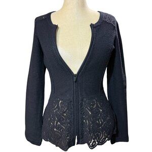 Sparrow Anthropologie XS Black Knit Zipped Sweater Pointelle Peplum Cottage Goth